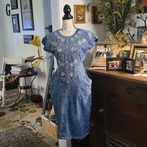 Vintage jean Dress 1990 pockets blue midi
